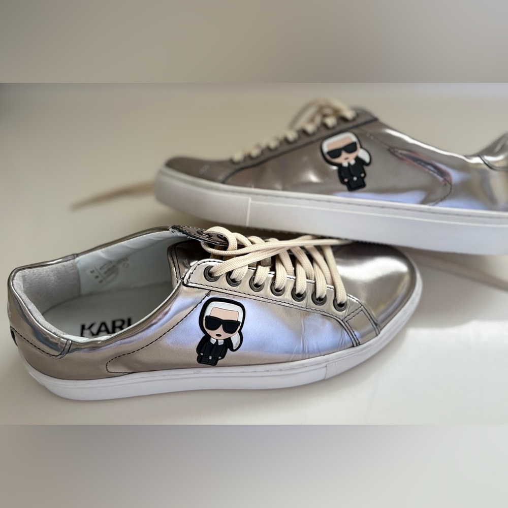 Karl Lagerfeld Metallic Silver Lace Up Sneakers with Icon Patch in size 8! - Picture 2 of 15
